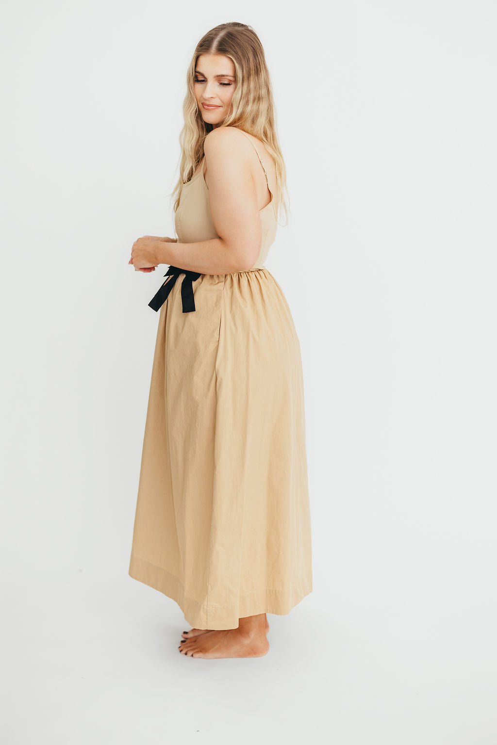 Celeste Square Neck Midi Dress with Bow Detail in Khaki *Final-Sale*