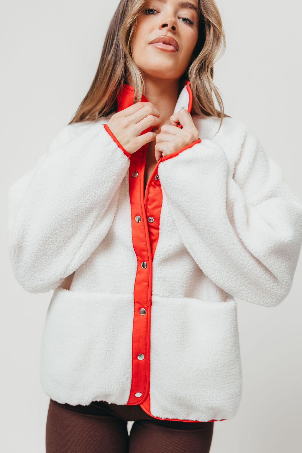 Arden Reversible Two Toned Sherpa Jacket in Cream