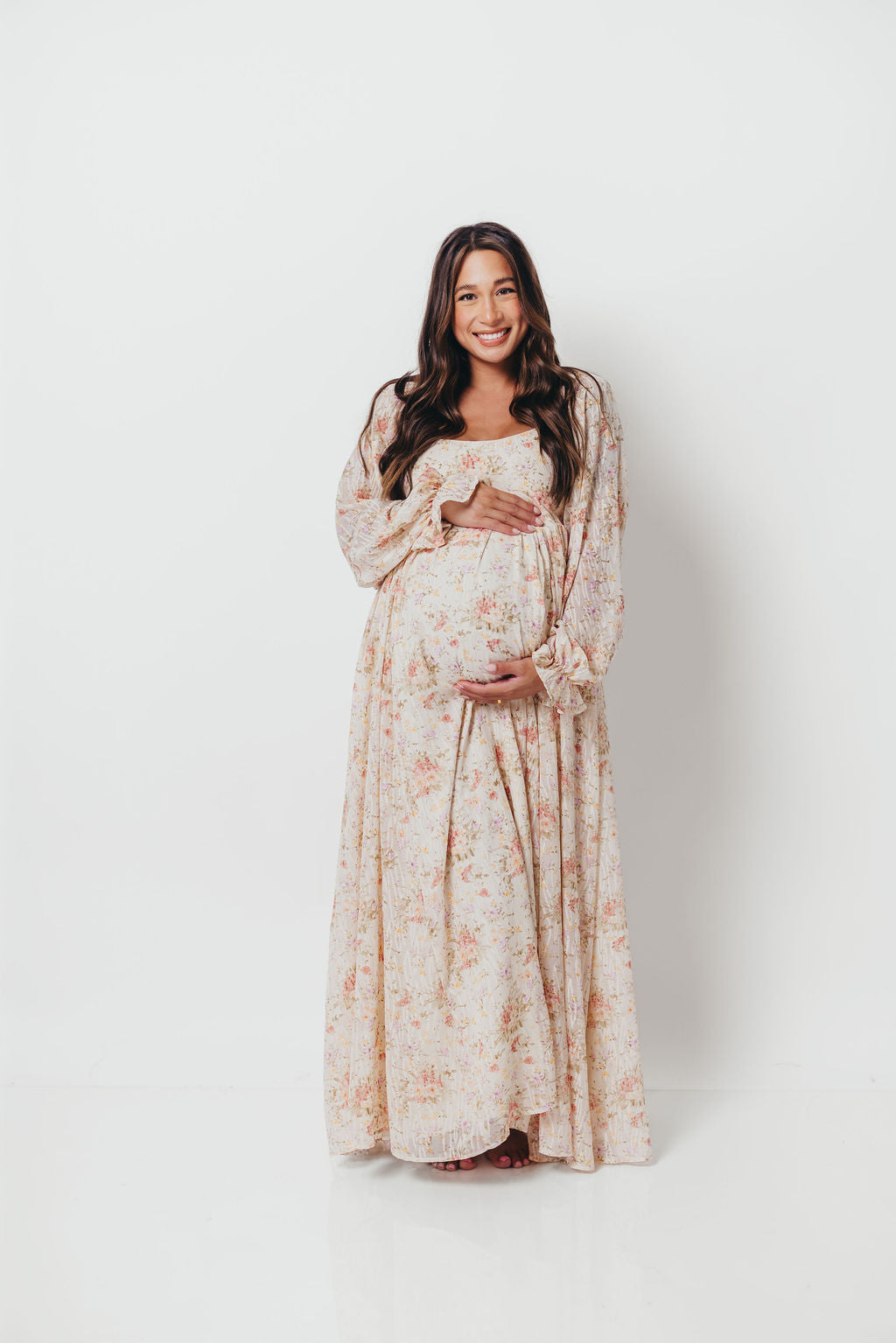 Rosey Woven Floral Print Empire Maxi Dress in Cream Multi - Bump Friendly