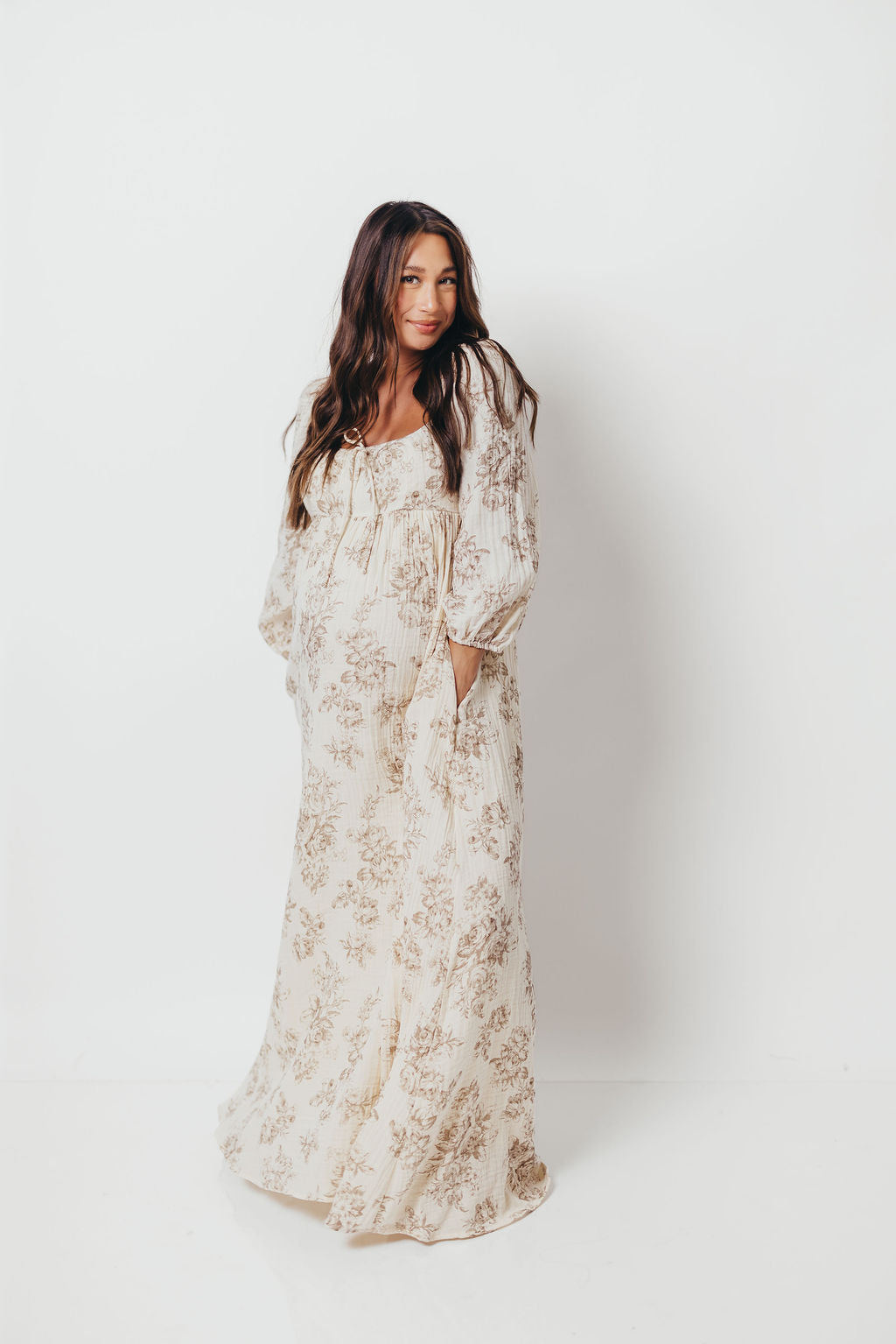 Peyton 100% Cotton Maxi Dress in Brown Floral - Bump Friendly