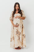 Mona Maxi Dress with Smocking in Cream/Beige Floral - Bump Friendly