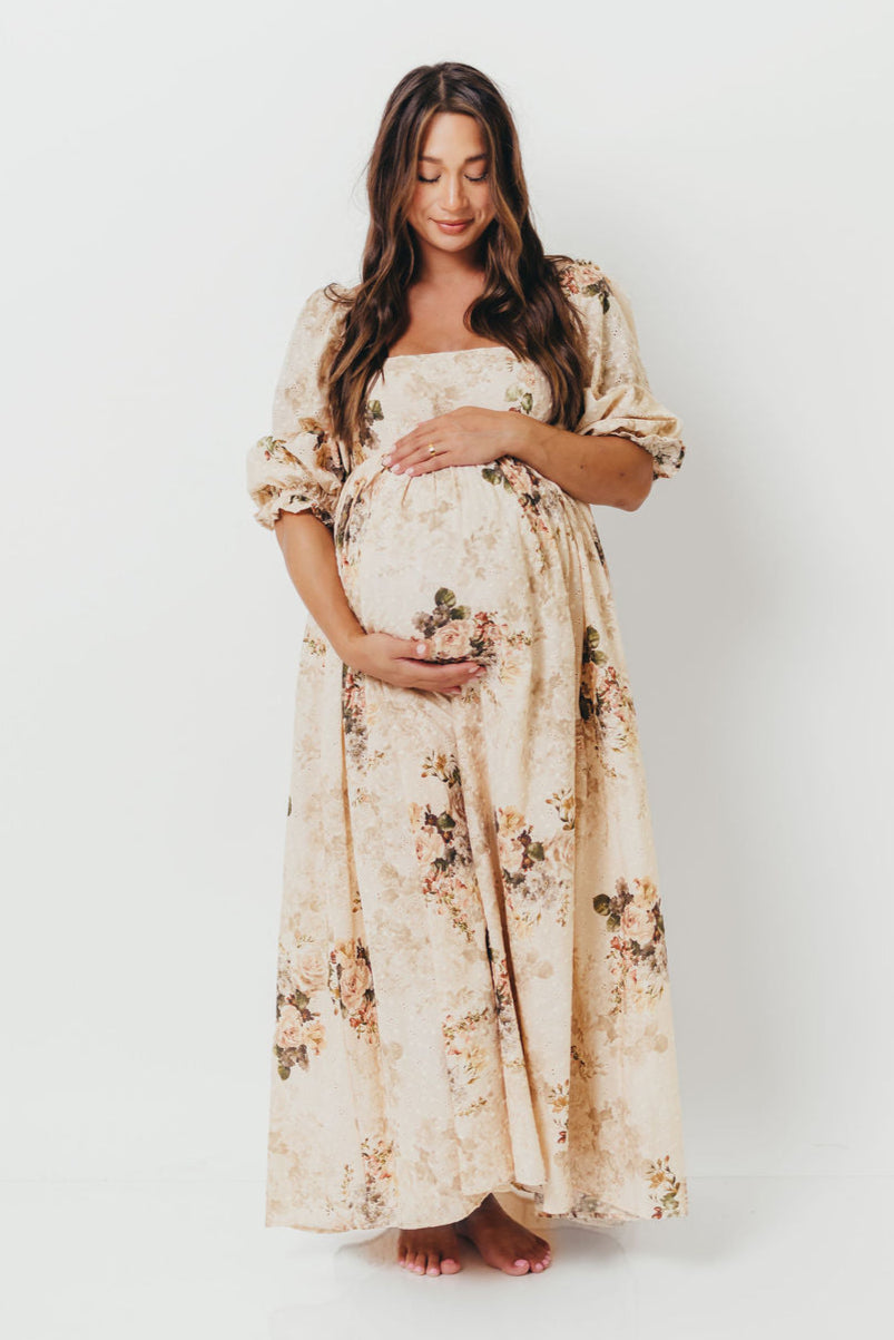 Mona Maxi Dress with Smocking in Cream/Beige Floral - Bump Friendly