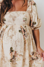 Mona Maxi Dress with Smocking in Cream/Beige Floral - Bump Friendly