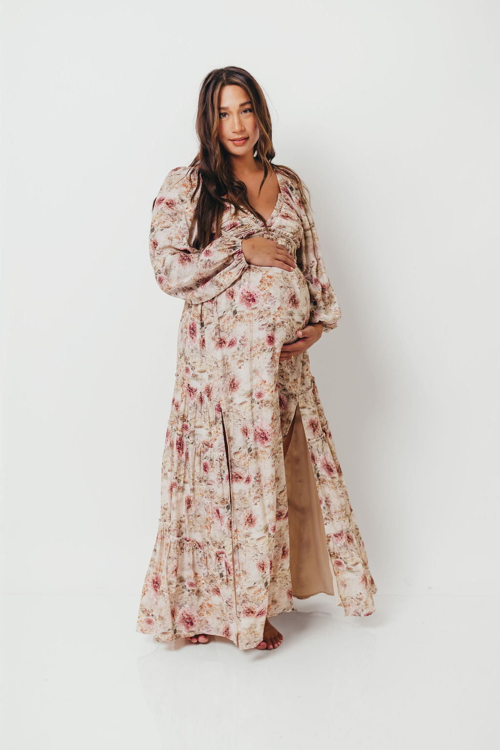 Daphne Long Sleeve Maxi Dress in Pink/Beige Multi Floral - Bump Friendly