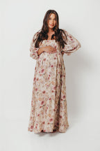 Mona Maxi Dress with Smocking in Pink/Beige Multi Floral - Bump Friendly