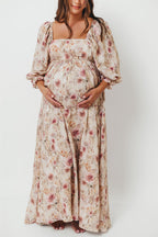 Mona Maxi Dress with Smocking in Pink/Beige Multi Floral - Bump Friendly