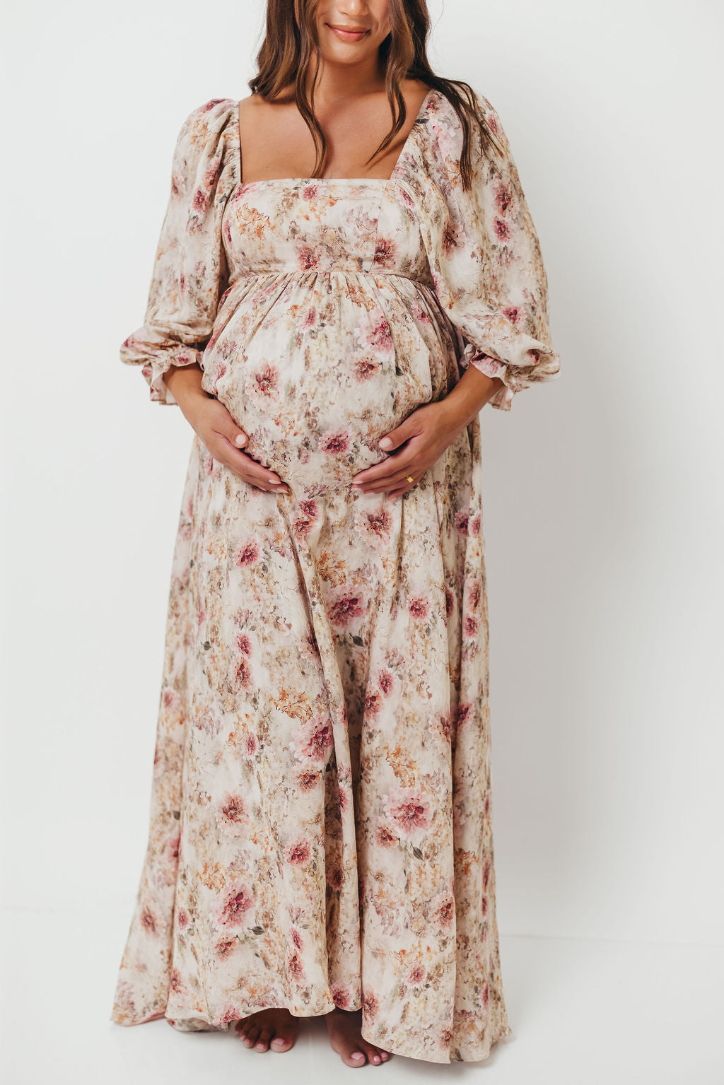 Mona Maxi Dress with Smocking in Pink/Beige Multi Floral - Bump Friendly