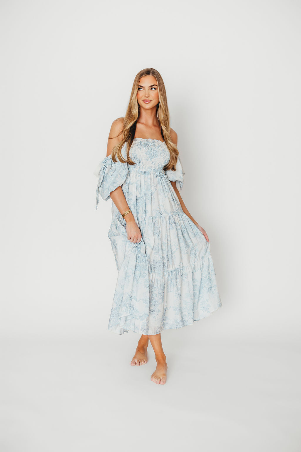 Elena Floral Print Smocked Midi Dress in Blue - Bump Friendly & Inclusive Sizing