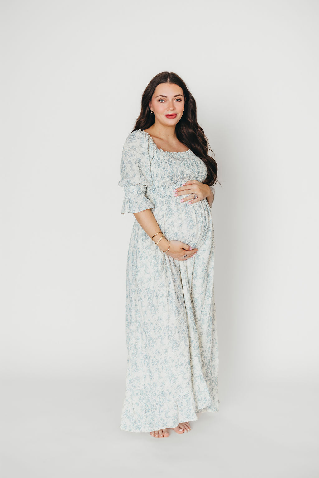 Sienna 100% Cotton Puff Sleeve Maxi Dress in Blue Floral - Bump Friendly