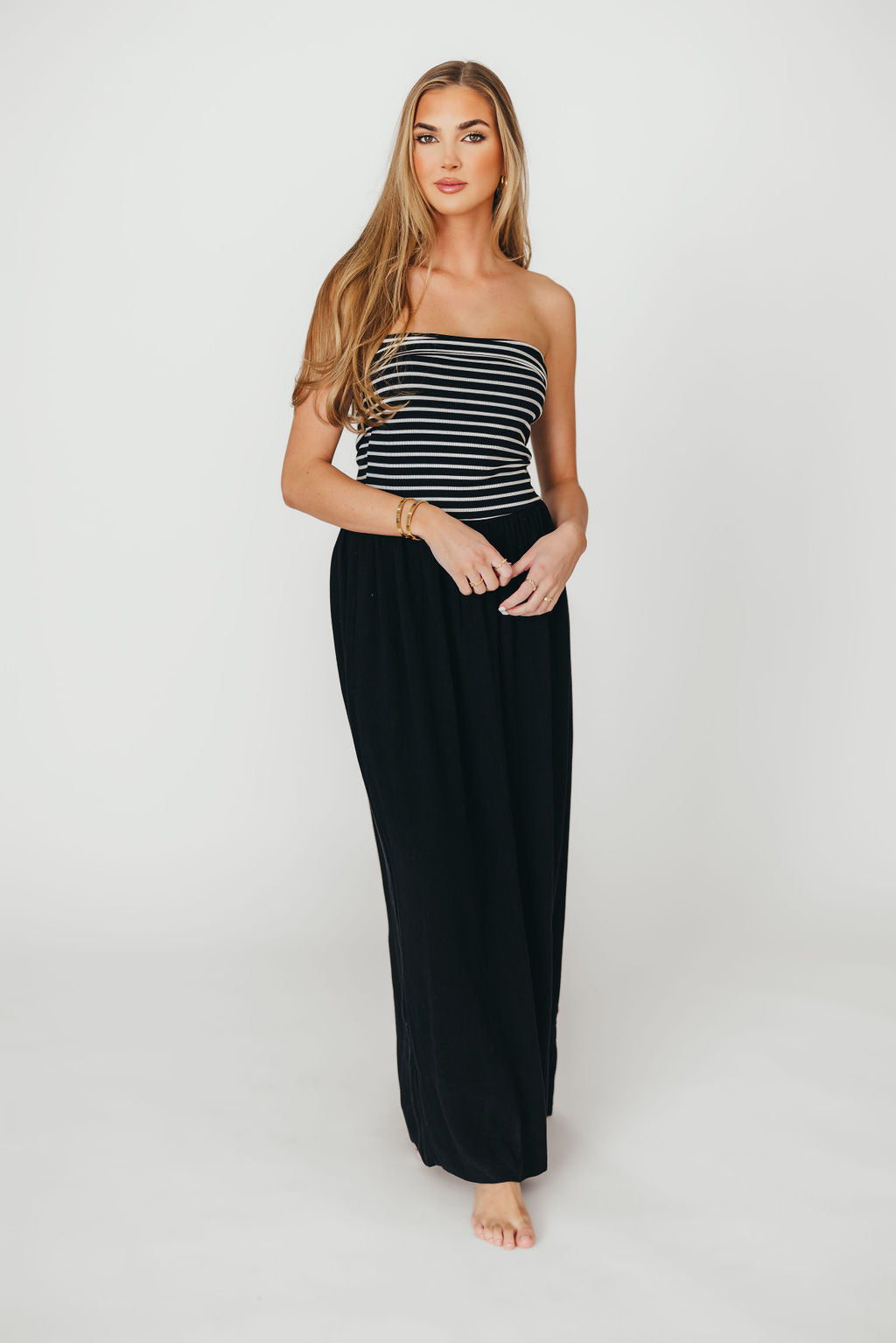 Annie Linen & Knit Maxi Dress in Black Stripe