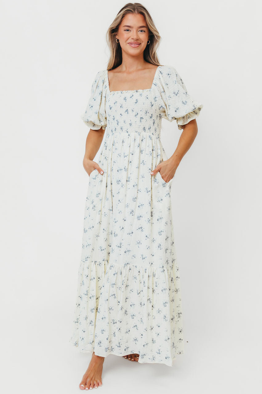 Livvy 100% Cotton Maxi Dress in Dusty Blue Floral - Bump Friendly & Inclusive Sizing