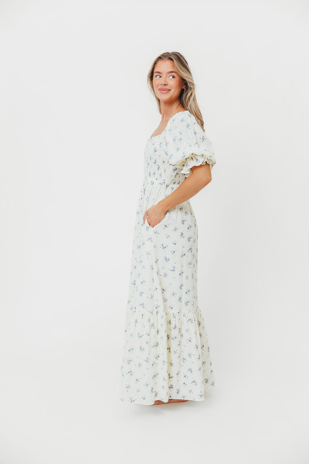 Livvy 100% Cotton Maxi Dress in Dusty Blue Floral - Bump Friendly & Inclusive Sizing