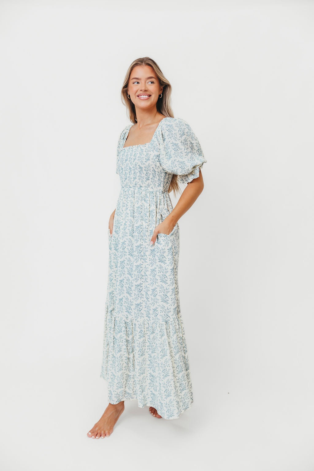 Livvy 100% Cotton Maxi Dress in Blue Foliage - Bump Friendly & Inclusive Sizing