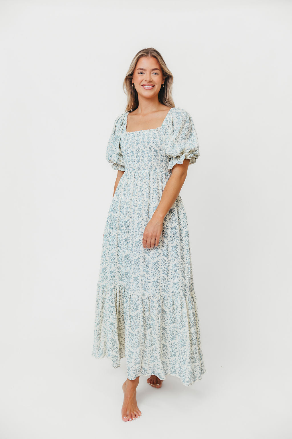 Livvy 100% Cotton Maxi Dress in Blue Foliage - Bump Friendly & Inclusive Sizing