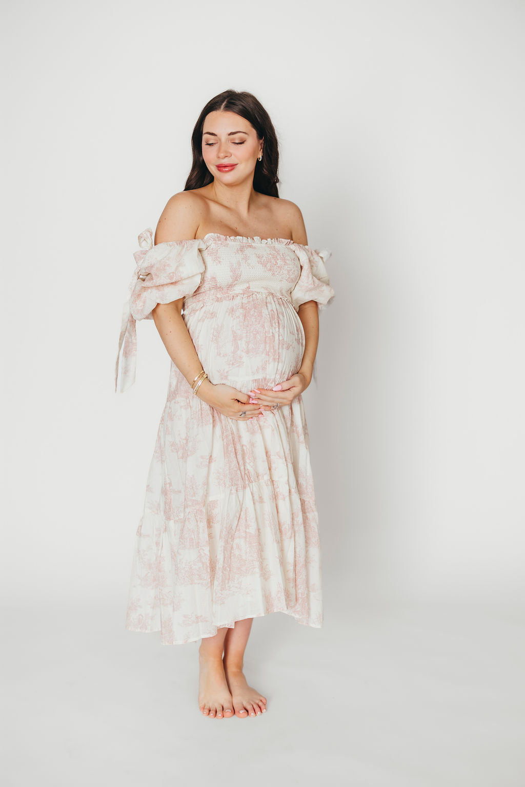 Elena 100% Cotton Toile Print Smocked Midi Dress in Pink - Bump Friendly *12/19 PRE-ORDER*