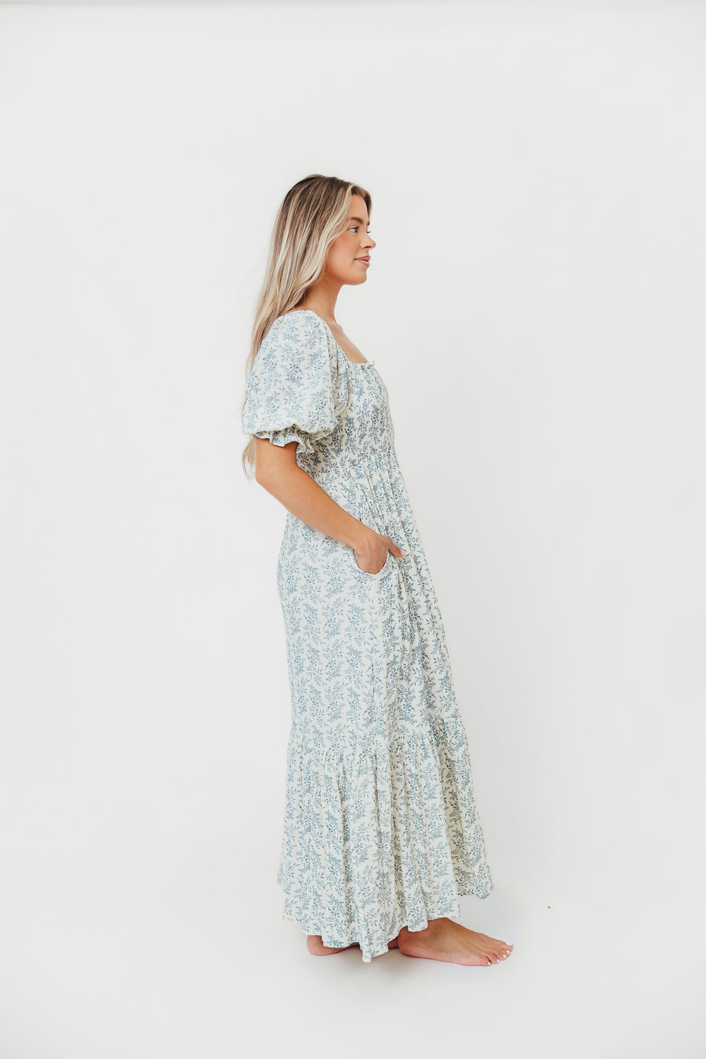 Livvy 100% Cotton Maxi Dress in Blue Foliage - Bump Friendly & Inclusive Sizing