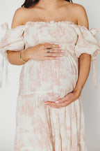 Elena 100% Cotton Toile Print Smocked Midi Dress in Pink - Bump Friendly *12/19 PRE-ORDER*