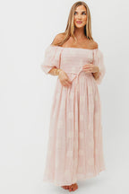 Aimee Smocked Embroidered Floral Midi Dress in Blush