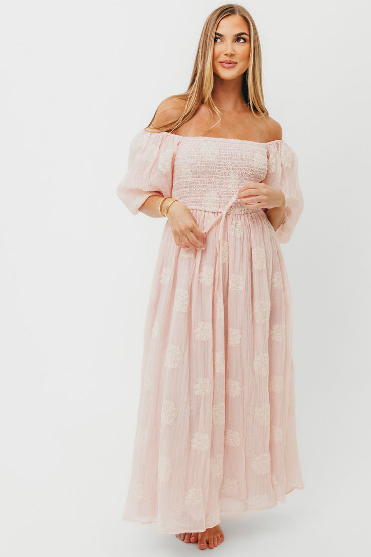 Aimee Smocked Embroidered Floral Midi Dress in Blush