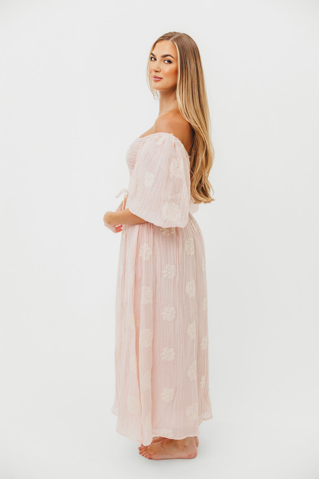 Aimee Smocked Embroidered Floral Midi Dress in Blush