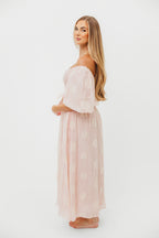Aimee Smocked Embroidered Floral Midi Dress in Blush