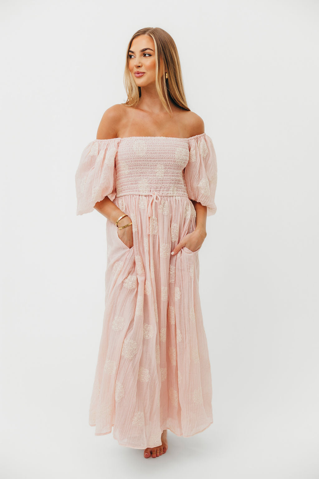 Aimee Smocked Embroidered Floral Midi Dress in Blush
