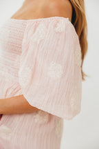 Aimee Smocked Embroidered Floral Midi Dress in Blush