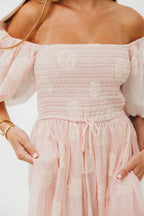 Aimee Smocked Embroidered Floral Midi Dress in Blush