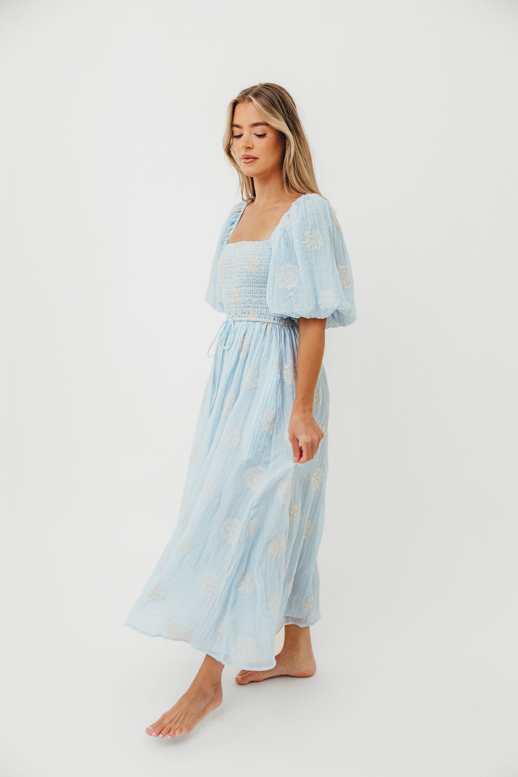 Aimee Smocked Embroidered Floral Midi Dress in Blue