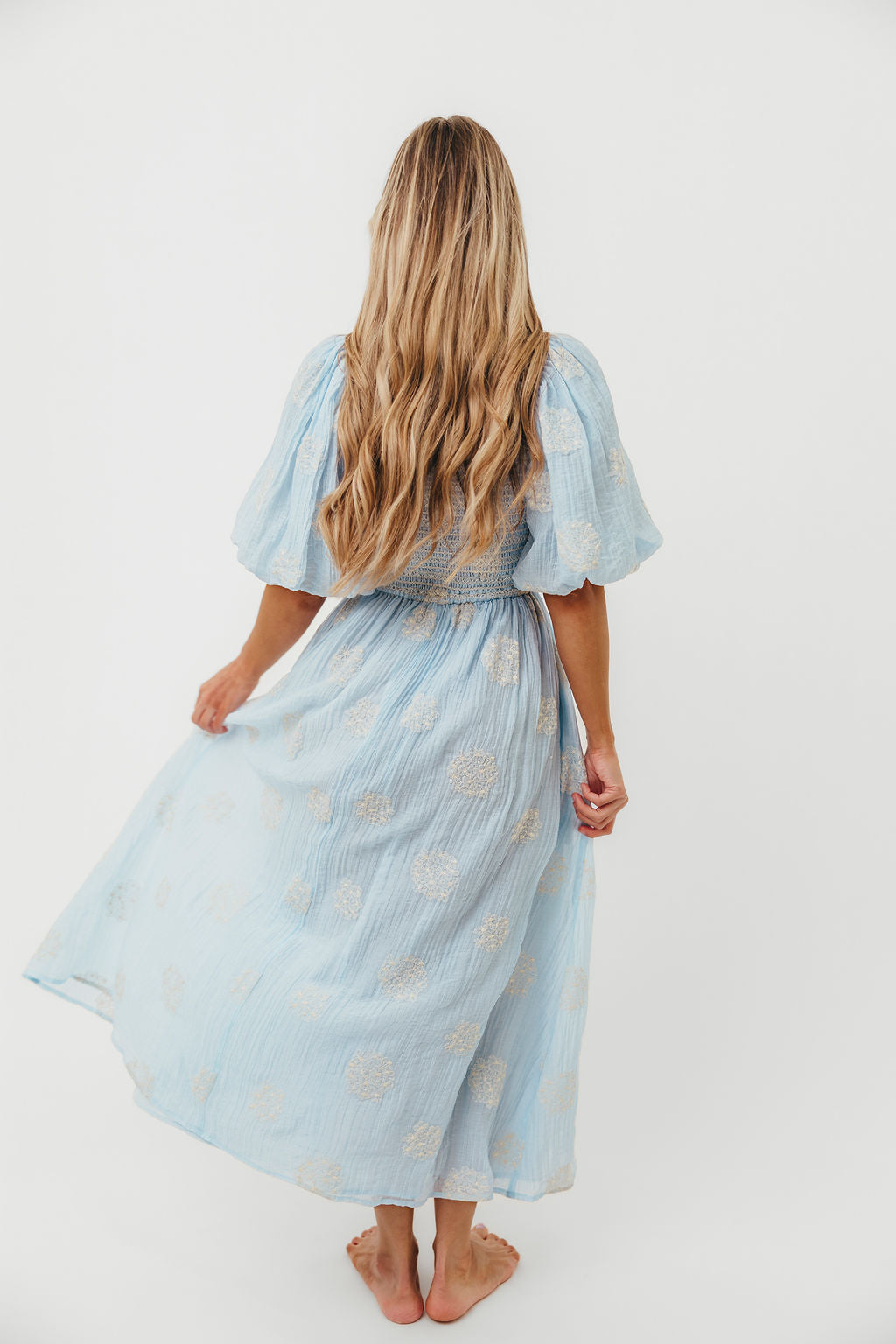 Aimee Smocked Embroidered Floral Midi Dress in Blue