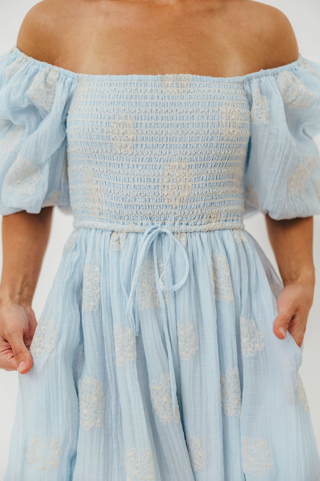 Aimee Smocked Embroidered Floral Midi Dress in Blue