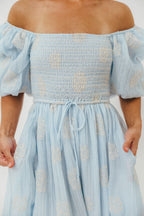 Aimee Smocked Embroidered Floral Midi Dress in Blue