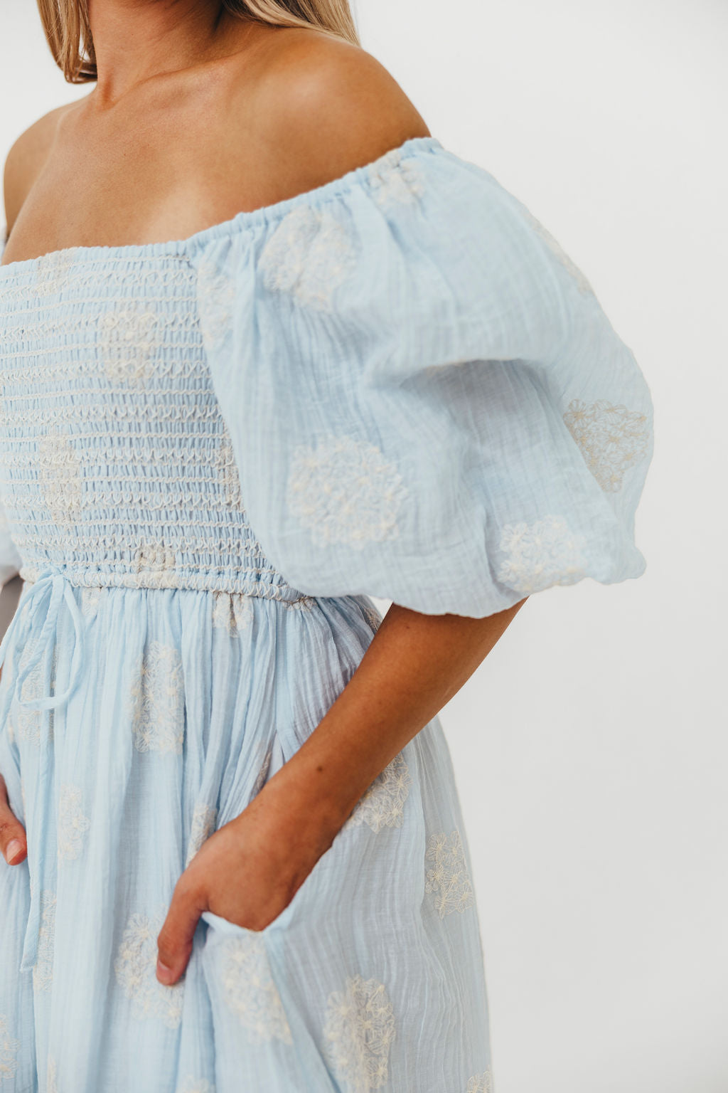 Aimee Smocked Embroidered Floral Midi Dress in Blue