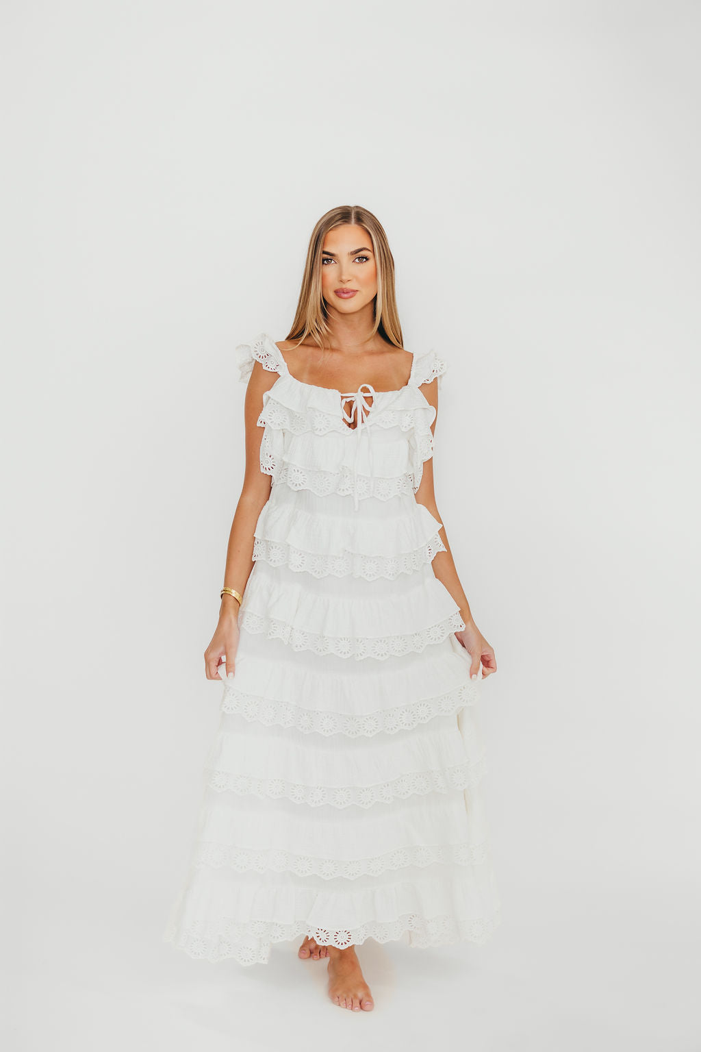Mikayla 100% Cotton Lace and Gauze Contrast Tiered Maxi Dress in Off-White *Final-Sale*