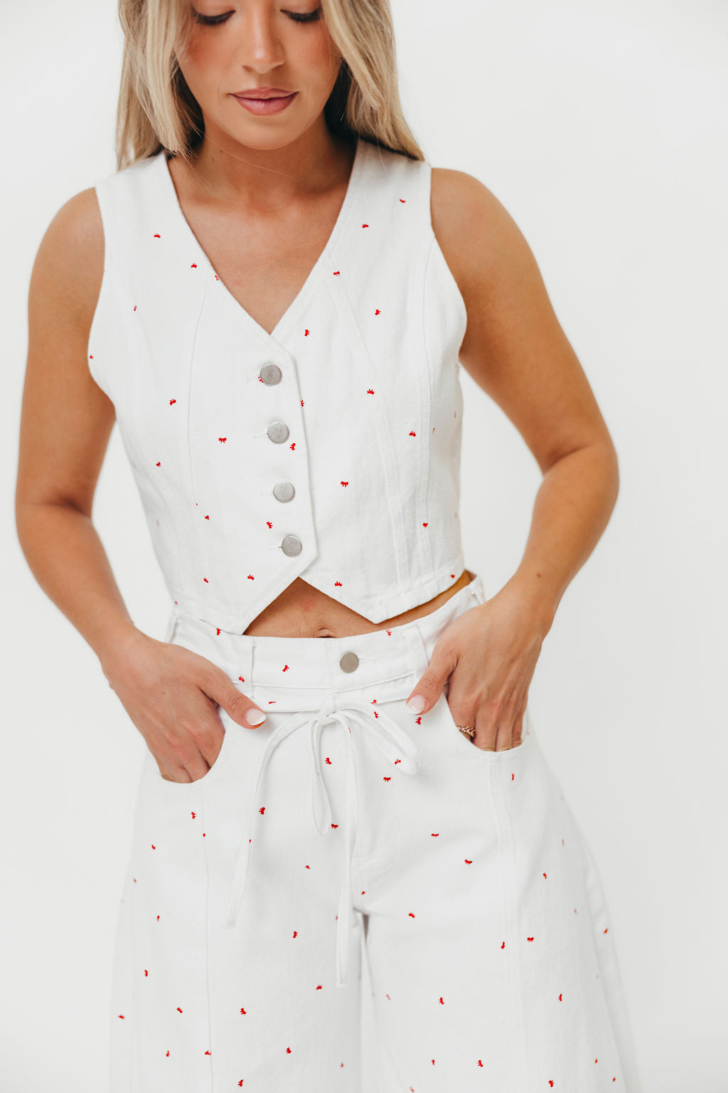 Dolly 100% Cotton Mini Bow Print Twill Vest in Off-White *Final-Sale*