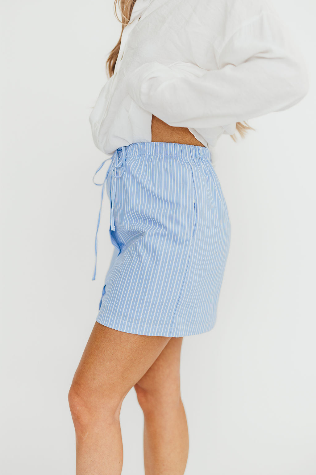 Sia Striped Poplin Drawstring Skort in Light Blue *Final-Sale*