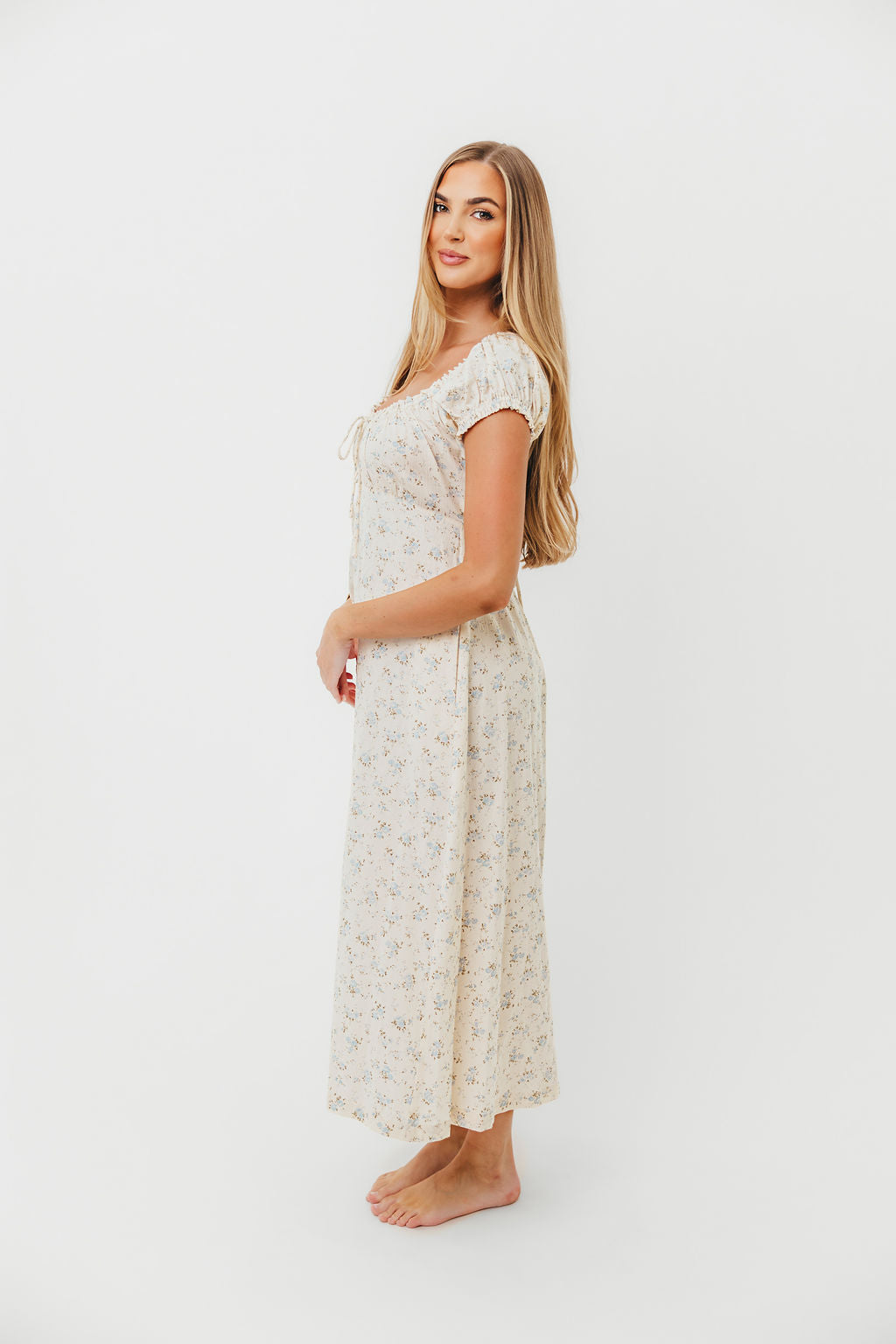Marley 100% Cotton Midi Dress in Ivory/Blue -Bump Friendly - Restocking End of Jan 2026