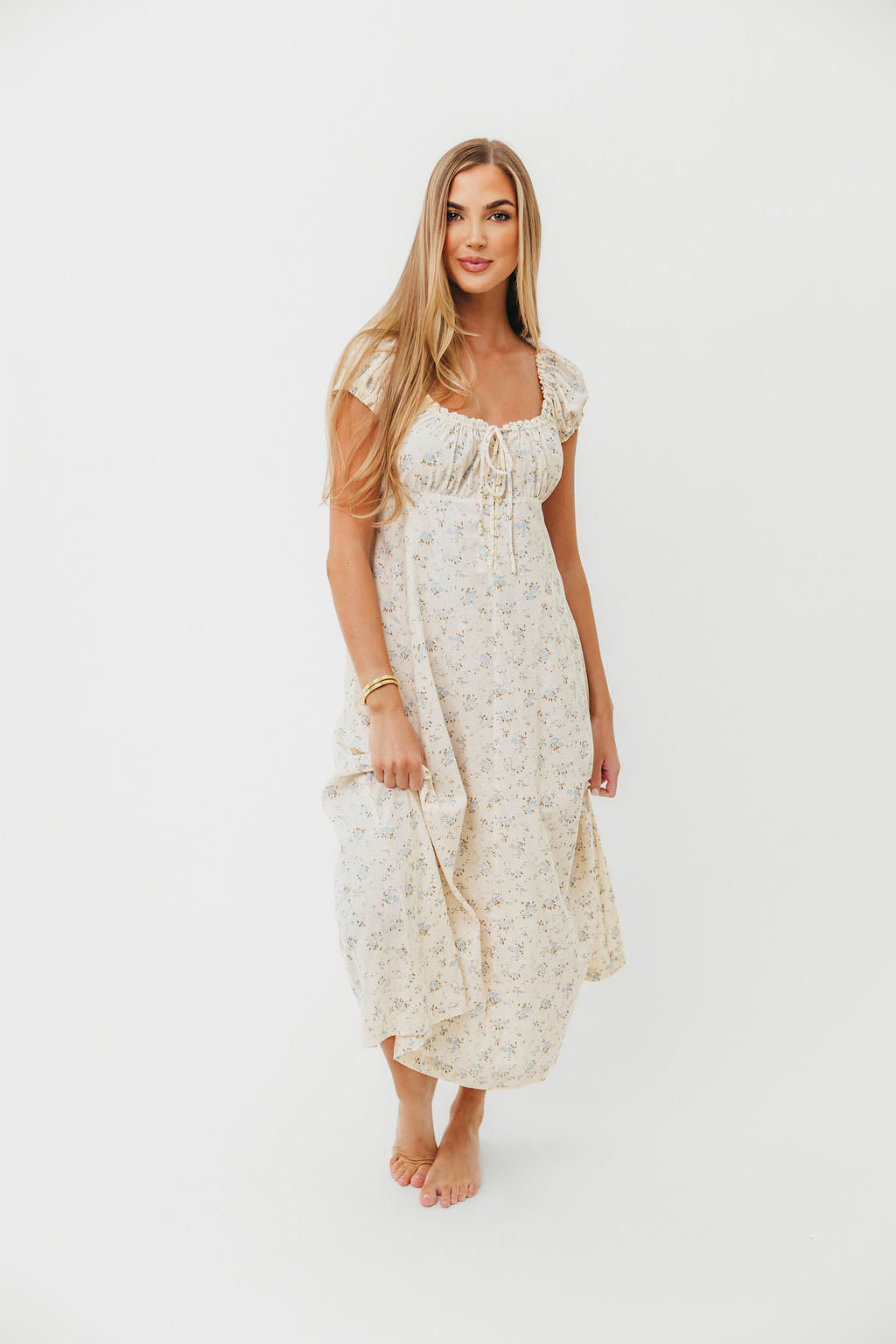 Marley 100% Cotton Midi Dress in Ivory/Blue -Bump Friendly - Restocking End of Jan 2026