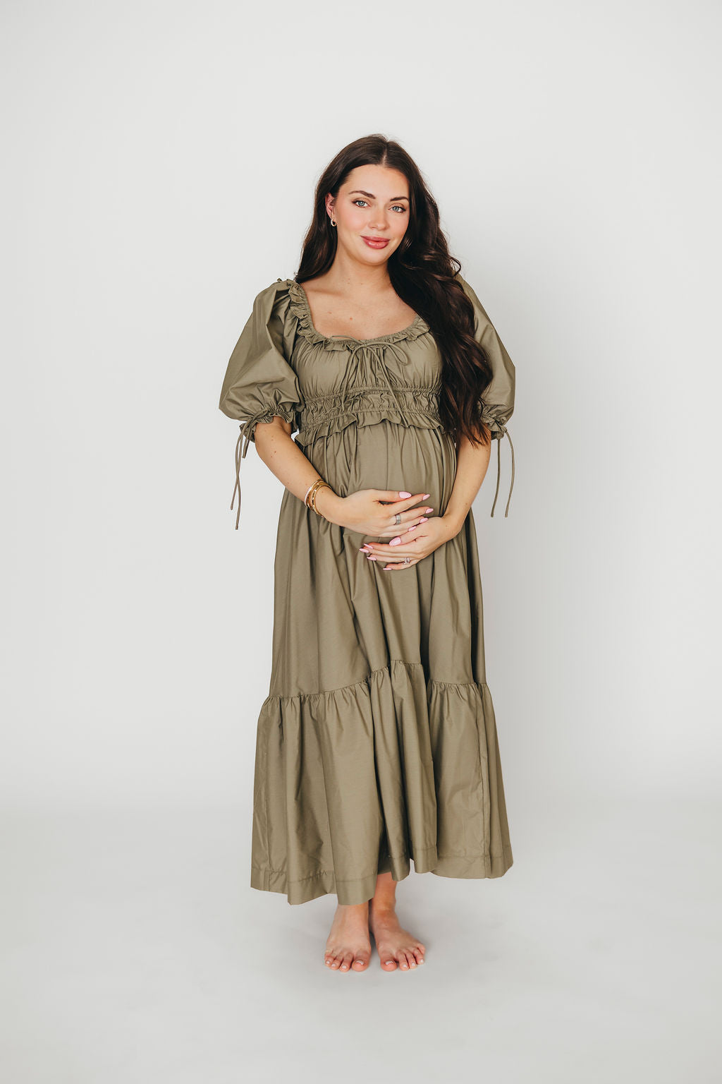 Crissy Ruched Midi Dress in Dusty Olive - Bump Friendly *Final Sale*