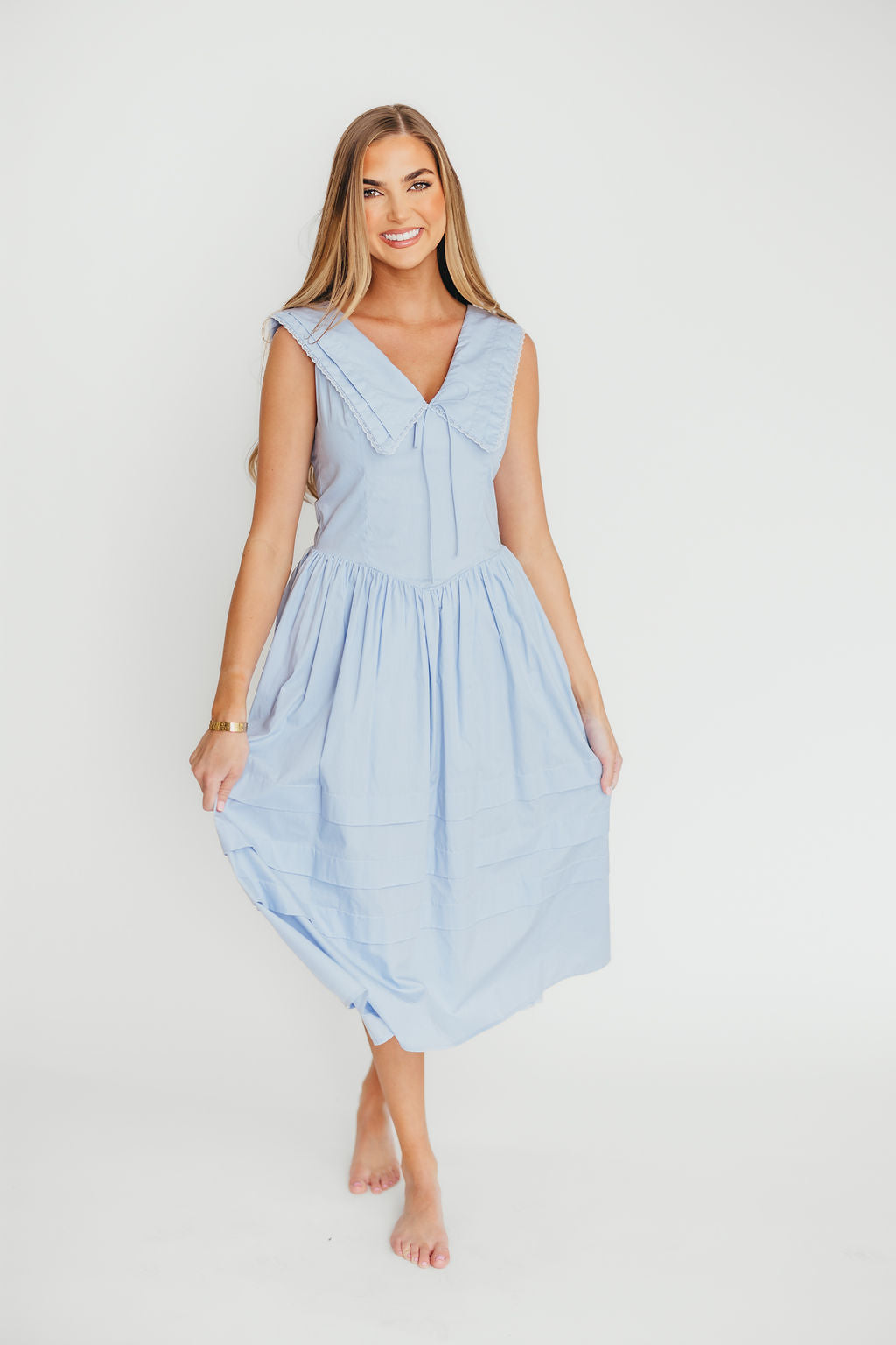 Sailor 100% Cotton Collared Midi Dress in Blue