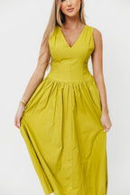 Cece 100% Cotton Bow Detail Woven Maxi Dress in Lemon Grass *Final-Sale*