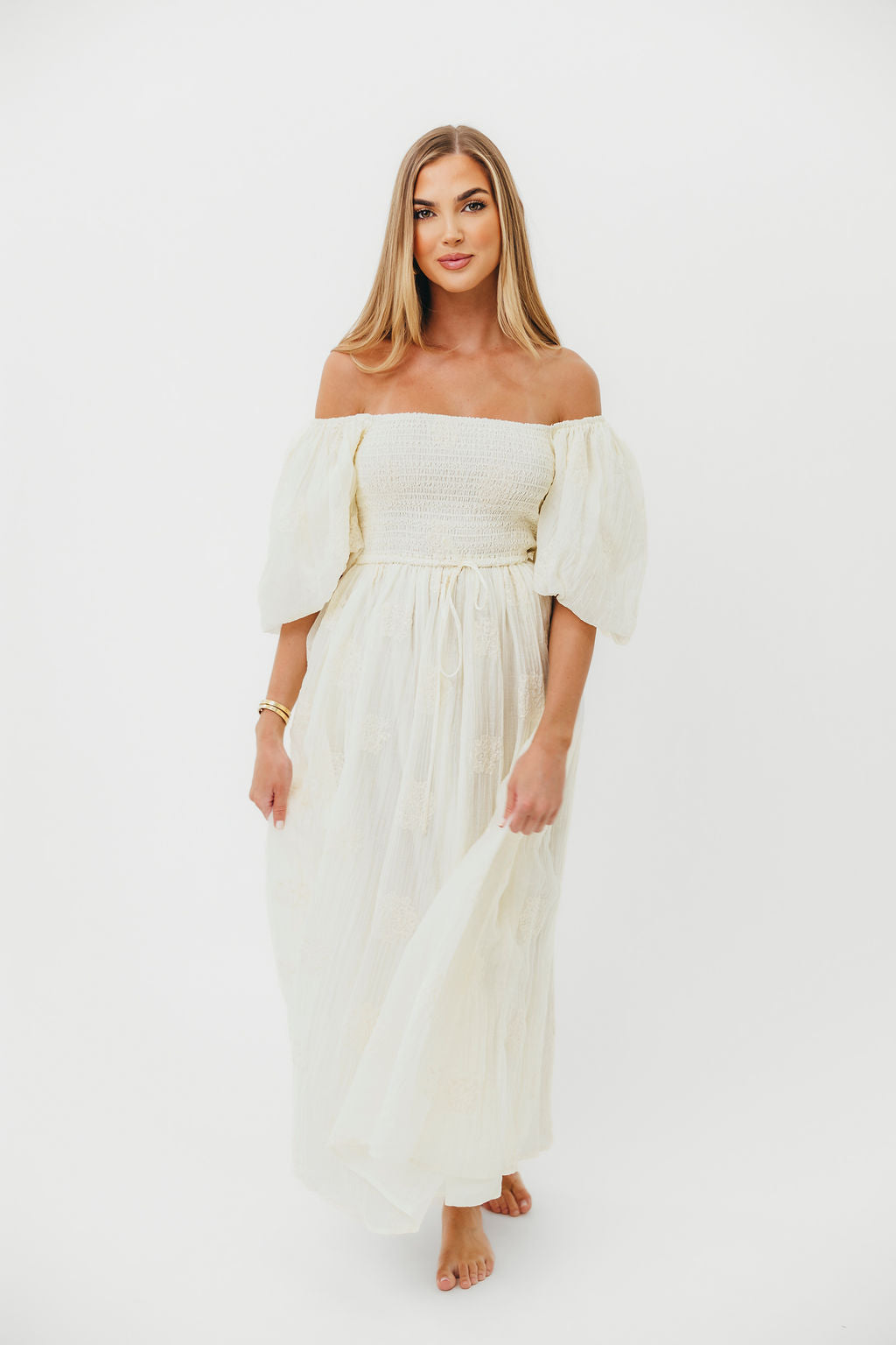 Aimee Smocked Embroidered Floral Midi Dress in Ivory