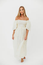 Aimee Smocked Embroidered Floral Midi Dress in Ivory