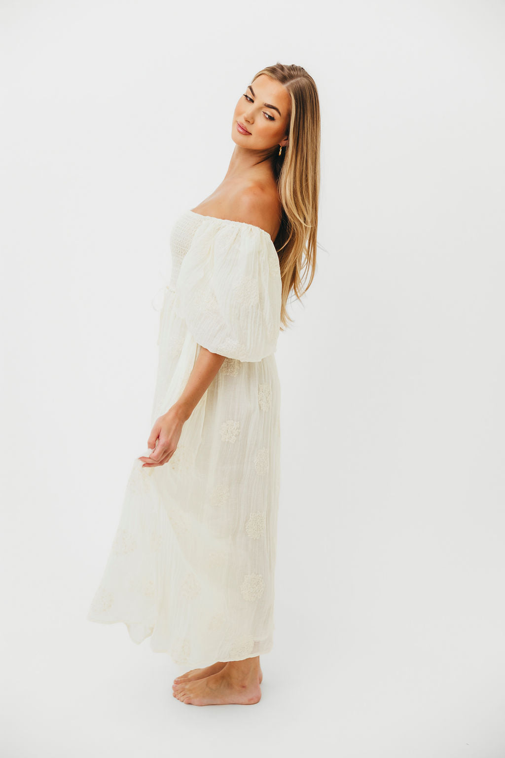 Aimee Smocked Embroidered Floral Midi Dress in Ivory