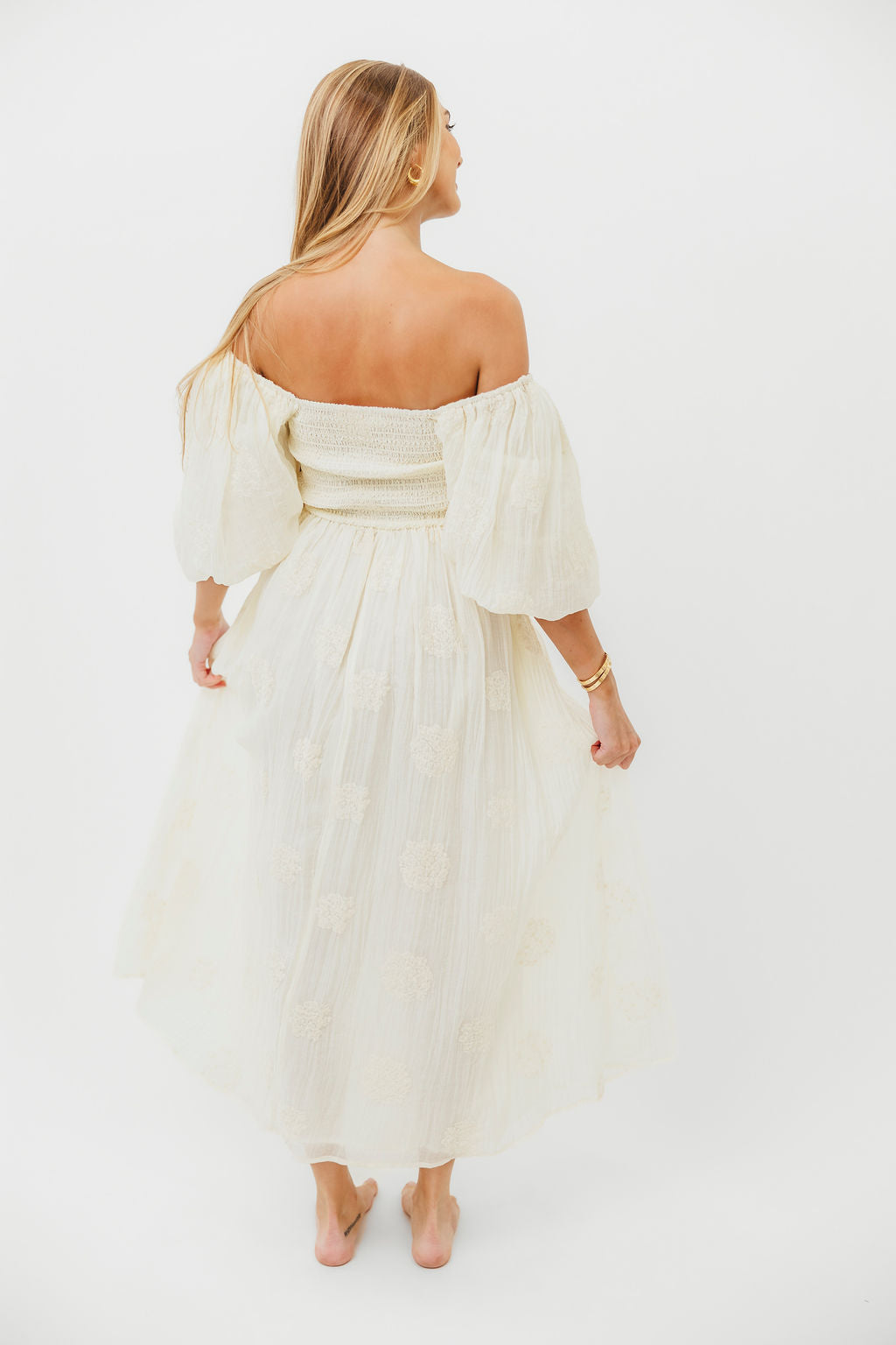 Aimee Smocked Embroidered Floral Midi Dress in Ivory