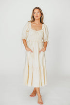 Crissy 100% Cotton Ruched Midi Dress in Cream - Bump Friendly