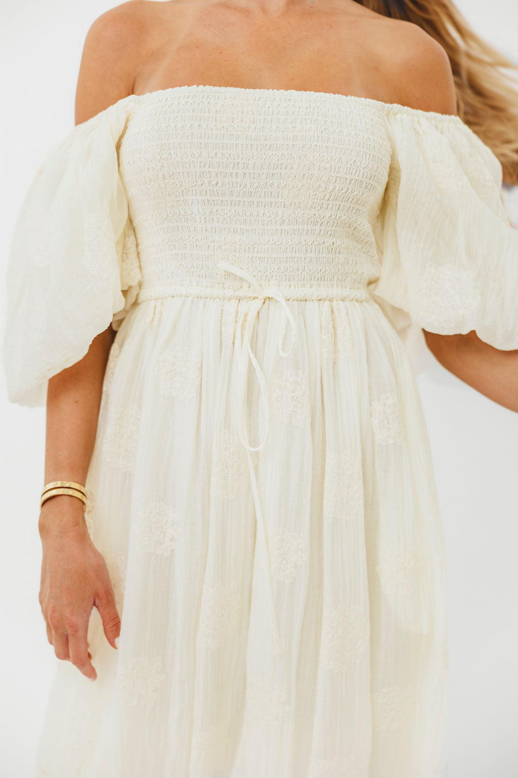 Aimee Smocked Embroidered Floral Midi Dress in Ivory