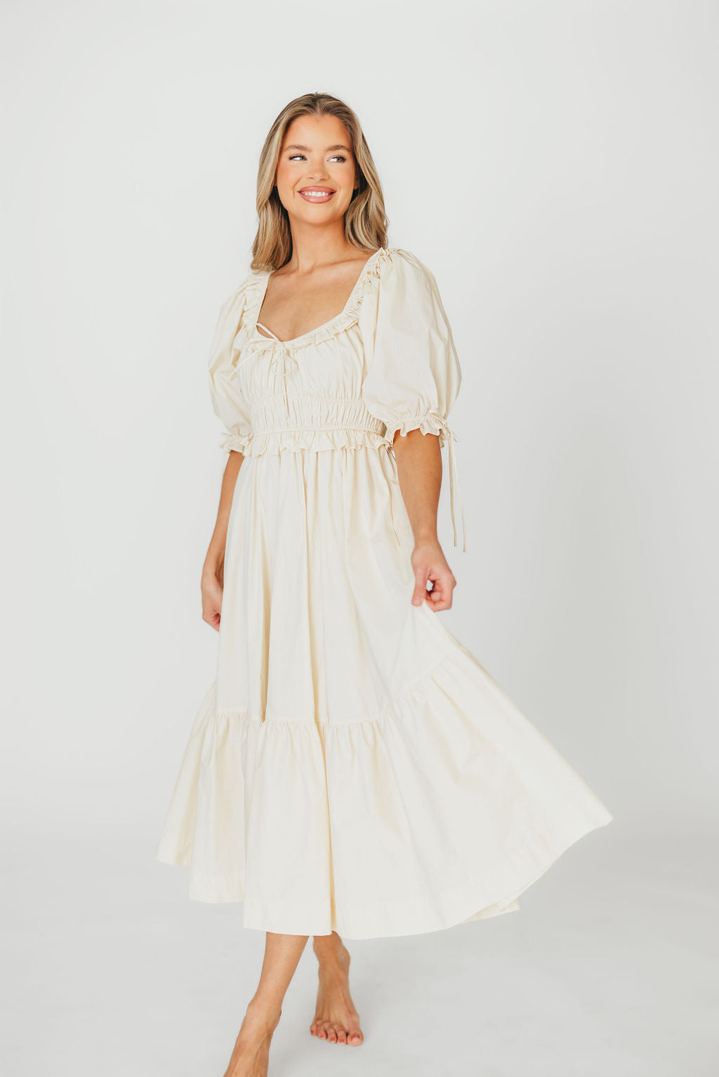 Crissy 100% Cotton Ruched Midi Dress in Cream - Bump Friendly