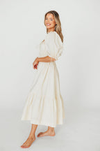 Crissy 100% Cotton Ruched Midi Dress in Cream - Bump Friendly