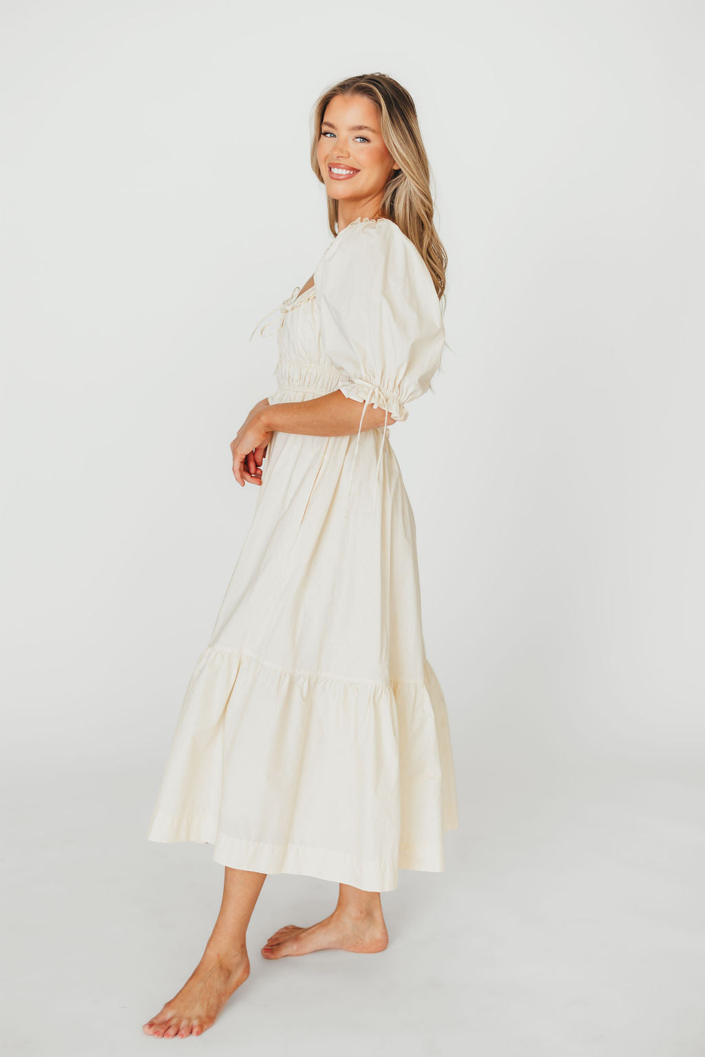 Crissy 100% Cotton Ruched Midi Dress in Cream - Bump Friendly